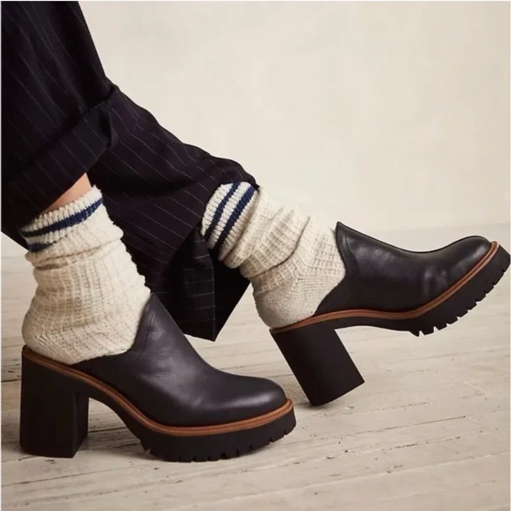 Free People Black Leather Platform Clog Mules